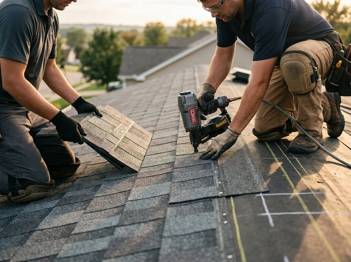Professional roofer working on a residential roof in Forest